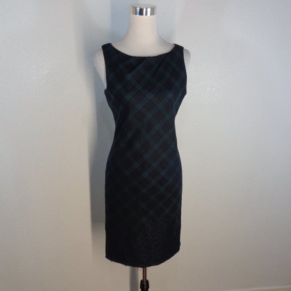 Talbots Green Navy Blue Black Plaid Wool Blend Lace Hem Sheath Dress Size 4 - Picture 2 of 6
